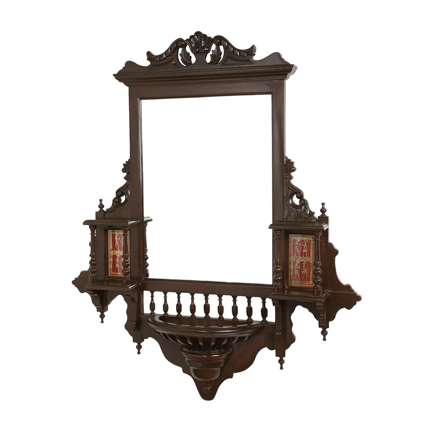 Padmini-II Solid Teakwood Jharokha Wall Mirror – 46-Inch Traditional Walnut Finish Statement Mirror