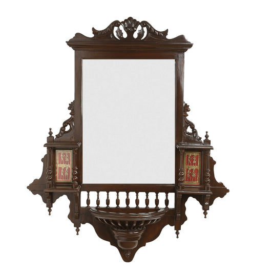 Padmini-II Solid Teakwood Jharokha Wall Mirror – 46-Inch Traditional Walnut Finish Statement Mirror