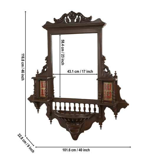 Padmini-II Solid Teakwood Jharokha Wall Mirror – 46-Inch Traditional Walnut Finish Statement Mirror