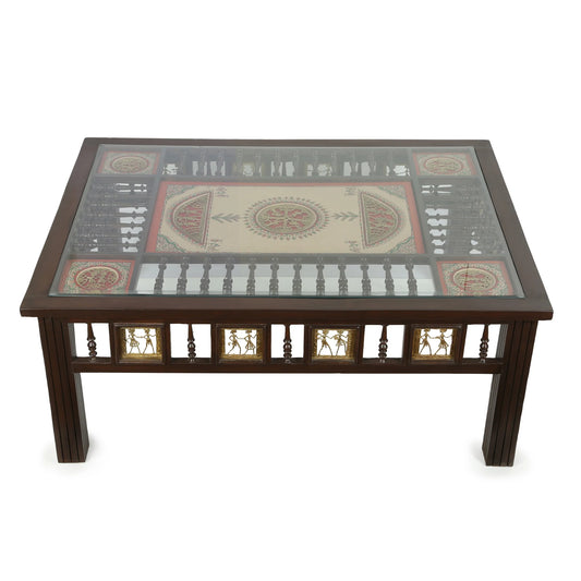 Aloha Premium Teak Wood Coffee Table – 43-Inch Rectangular Centerpiece with Warli & Dhokra Art