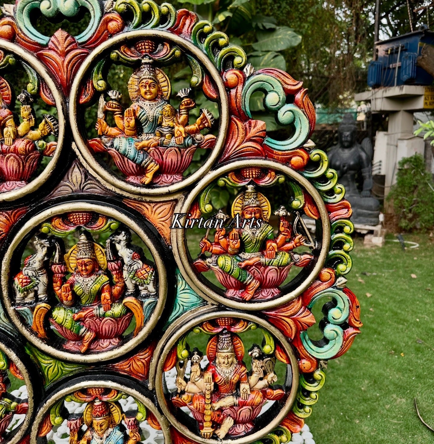 Wood Carved Ashtalakshmi Circular Wall Panel | 36”x36”