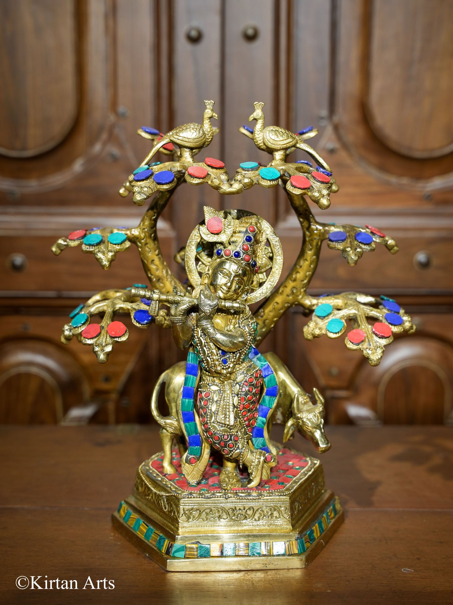 Brass Cow Krishna with Tree 12"