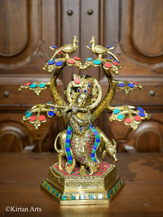 Brass Cow Krishna with Tree 12"