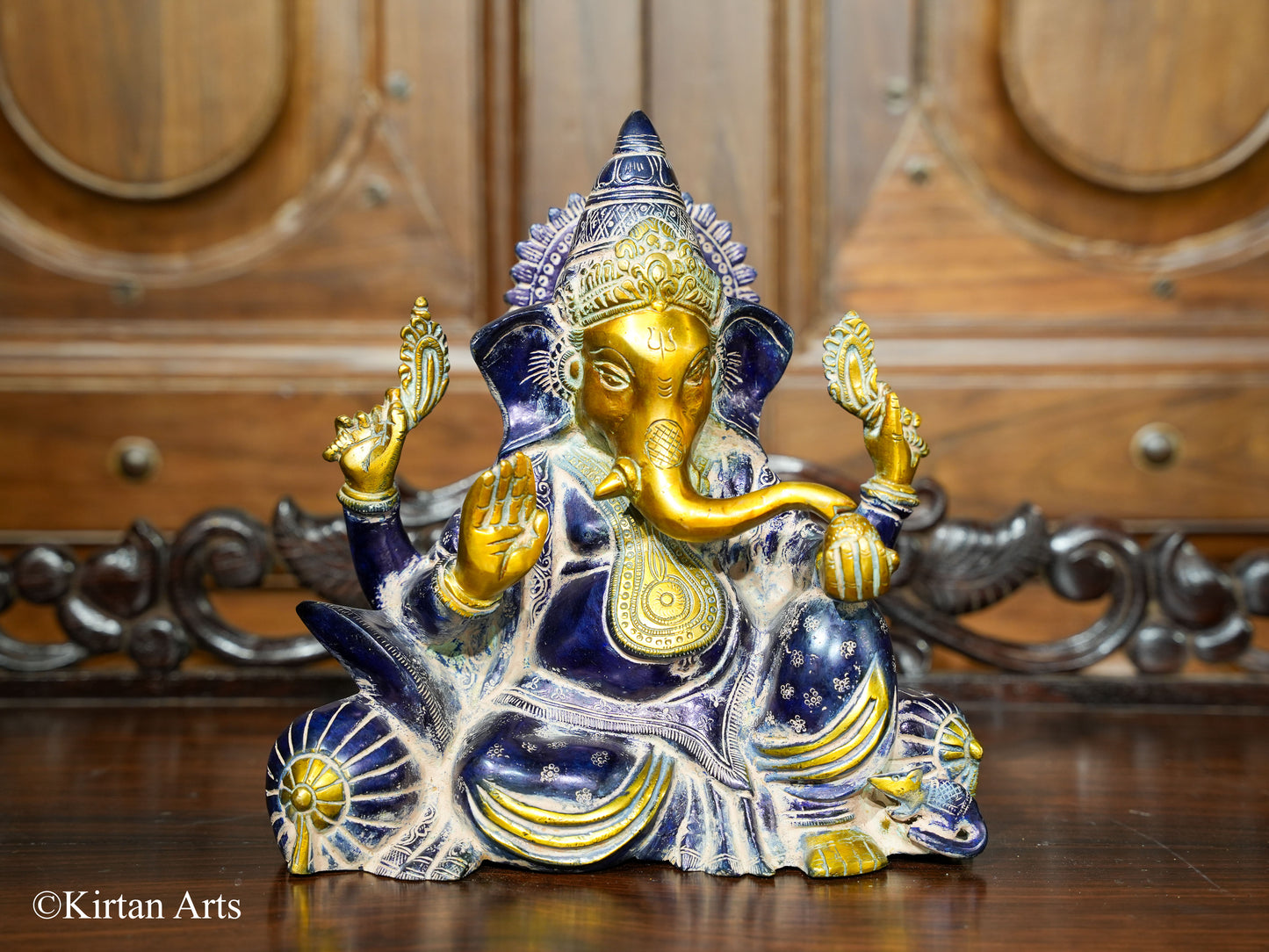 Brass Lord Ganesha Antique Blue Gold Finish 9.5"