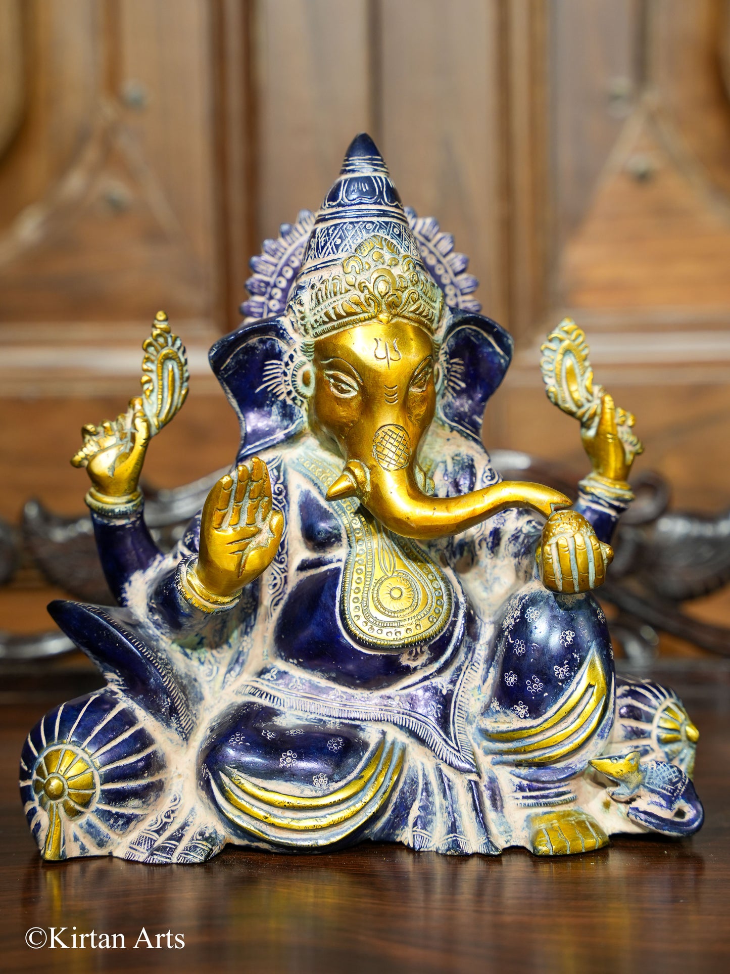 Brass Lord Ganesha Antique Blue Gold Finish 9.5"