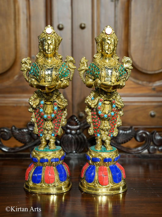 Brass Deep Lakshmi Pair Stonework 13"