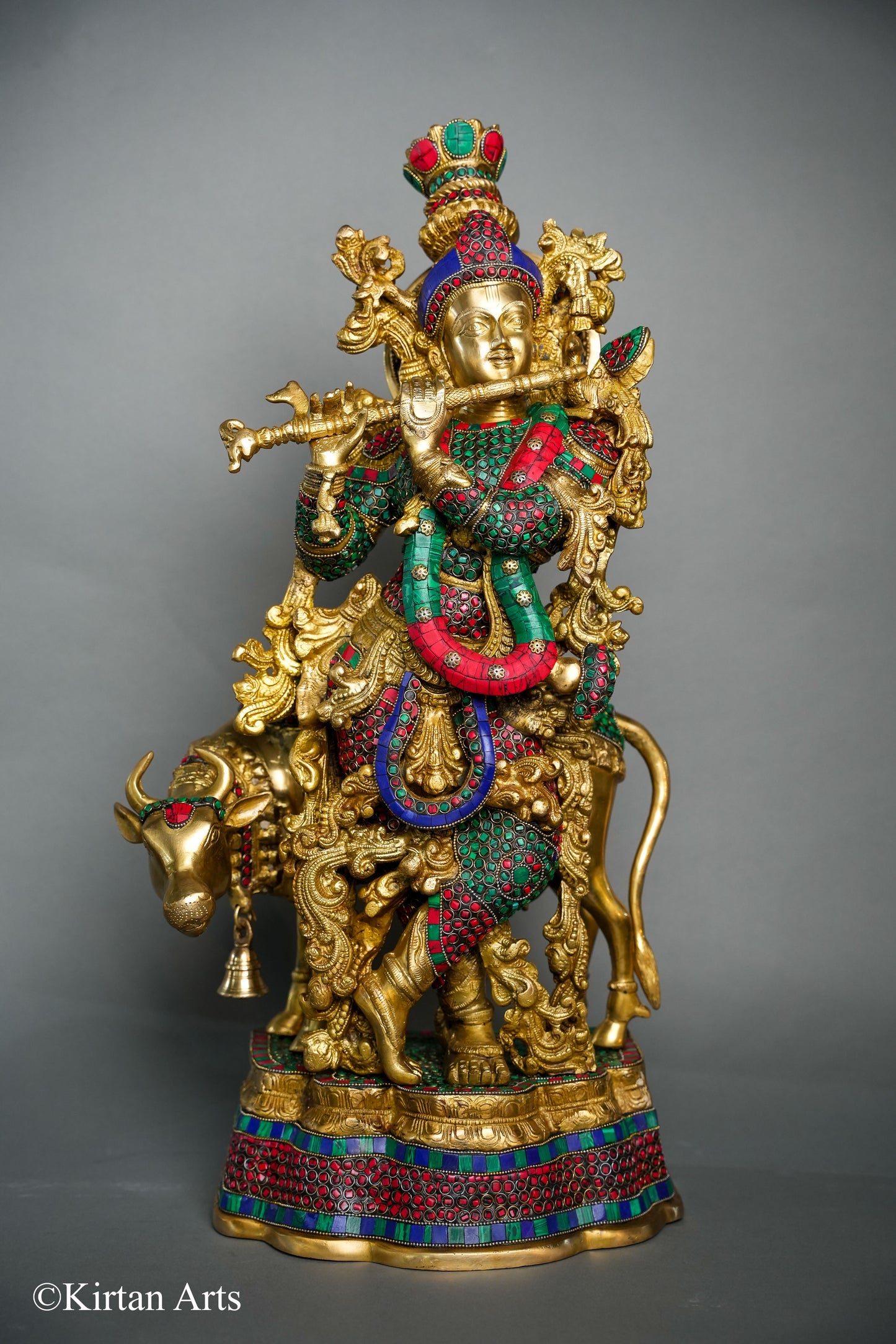 Brass Cow Krishna with Stonework 26"
