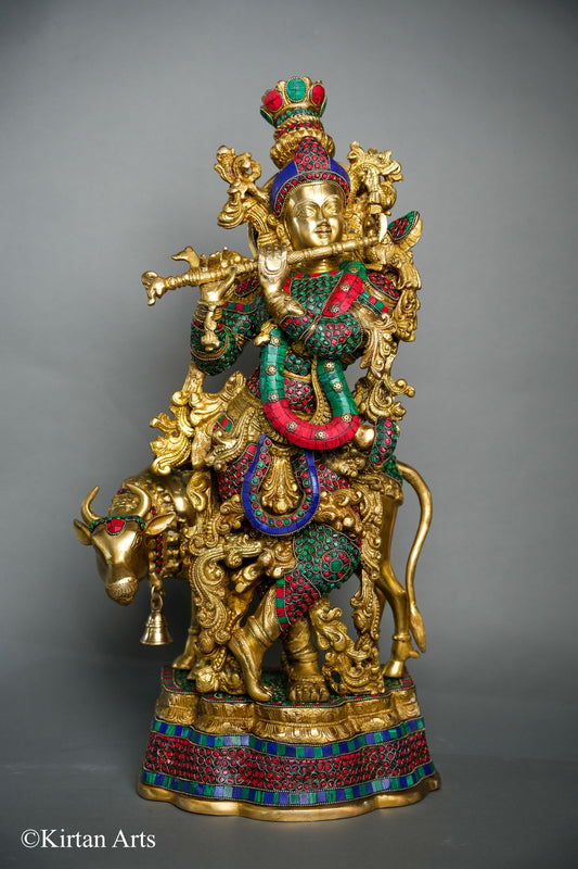 Brass Cow Krishna with Stonework 26"