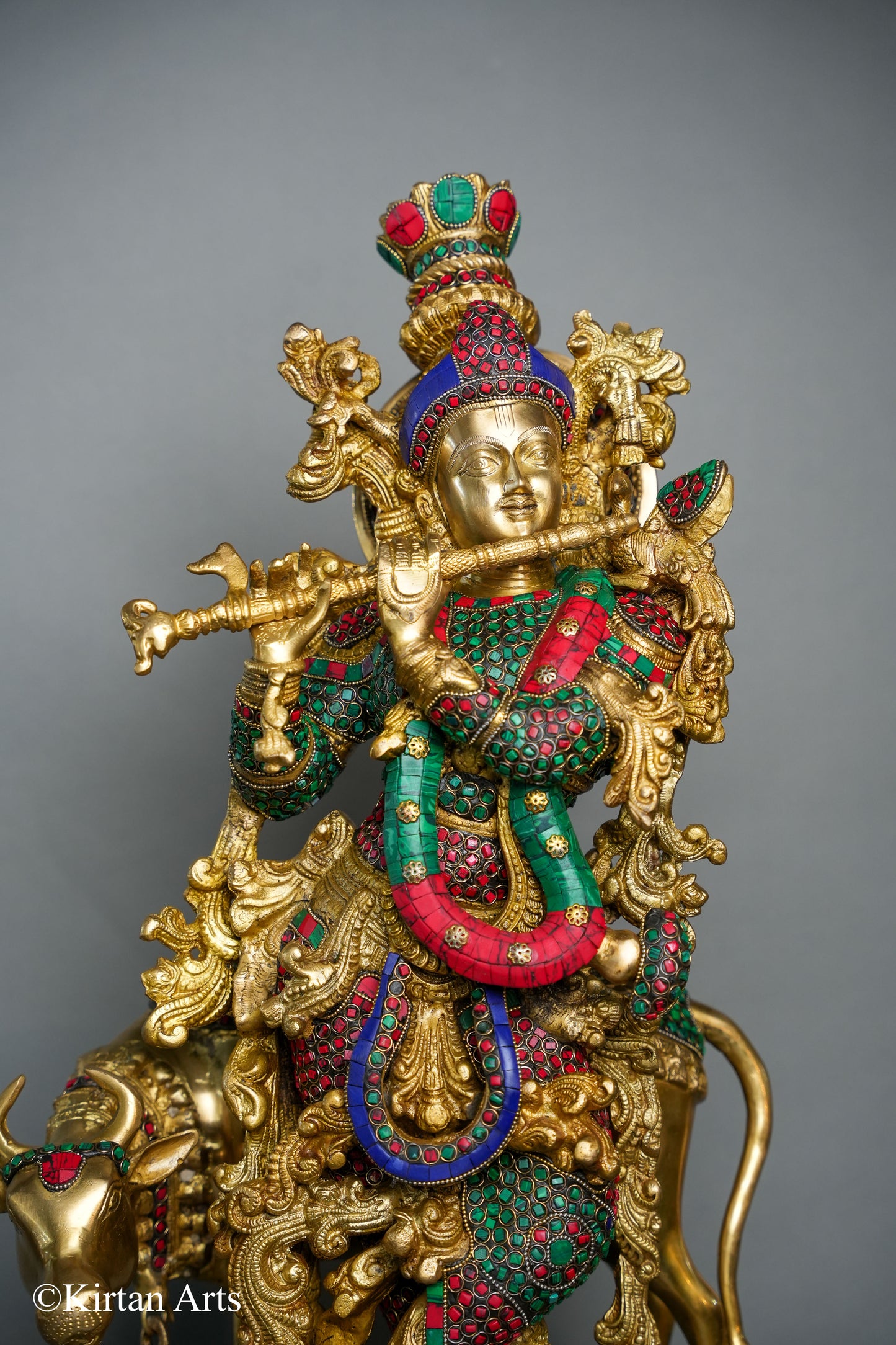 Brass Cow Krishna with Stonework 26"