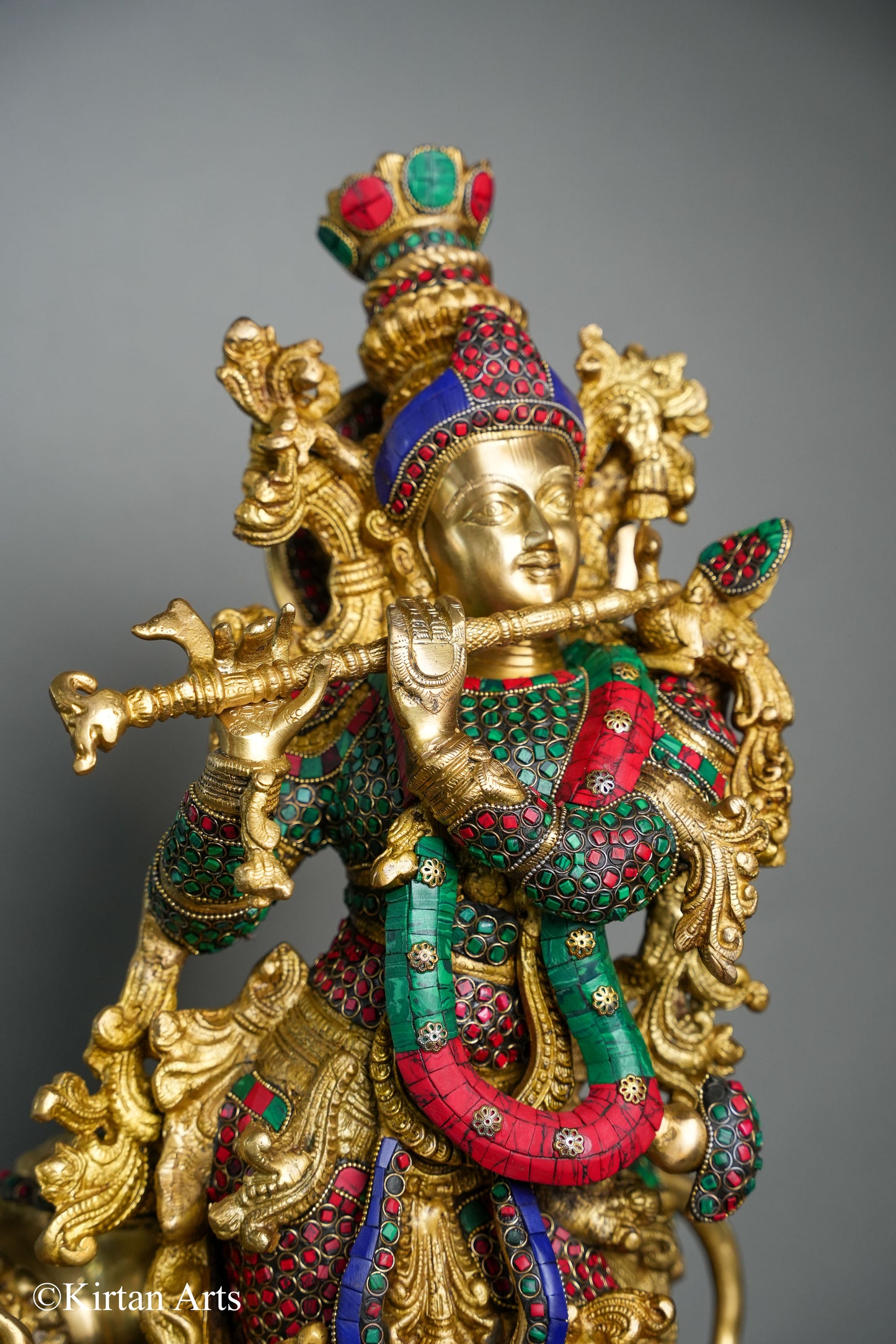 Brass Cow Krishna with Stonework 26"
