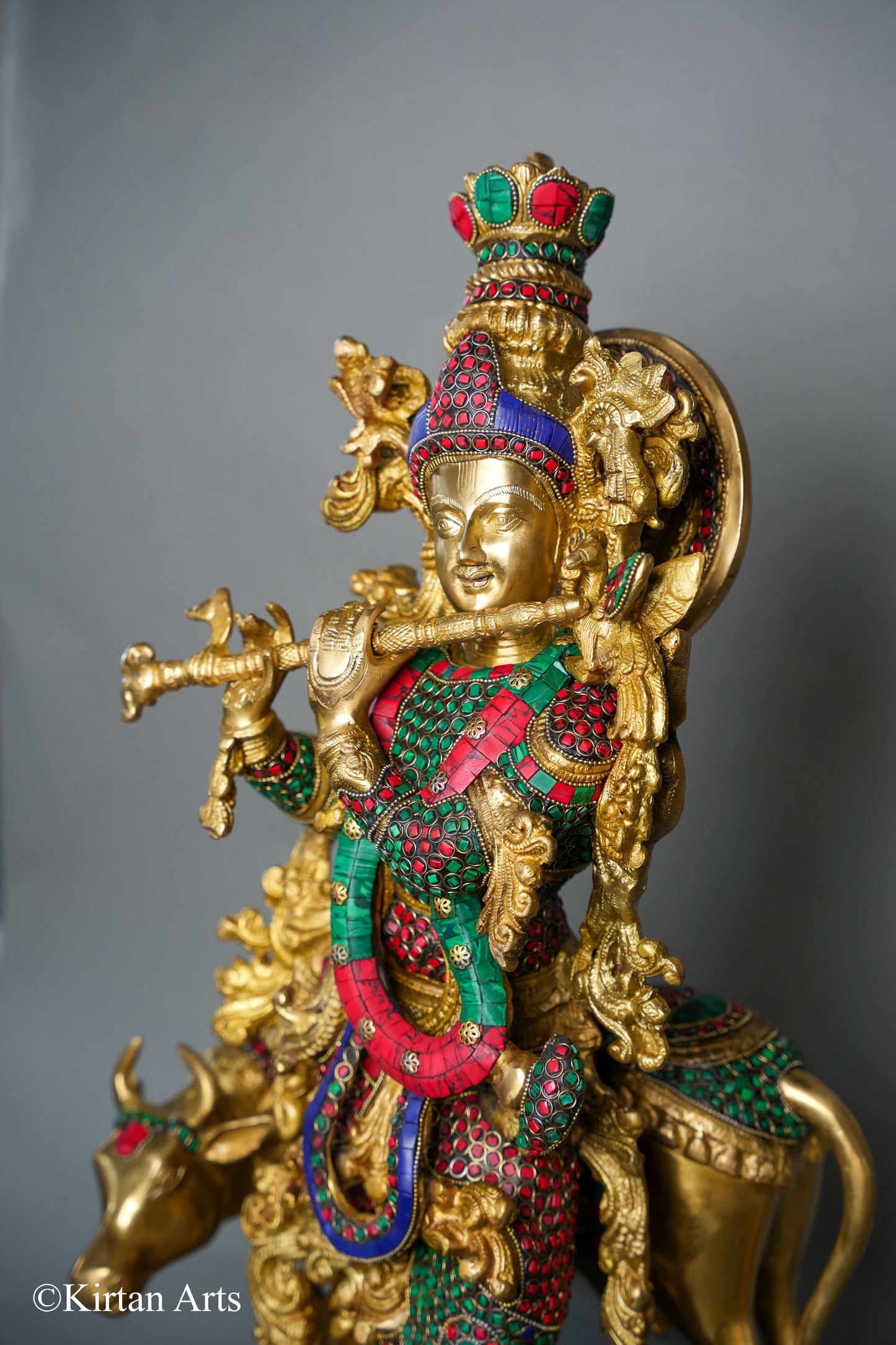 Brass Cow Krishna with Stonework 26"