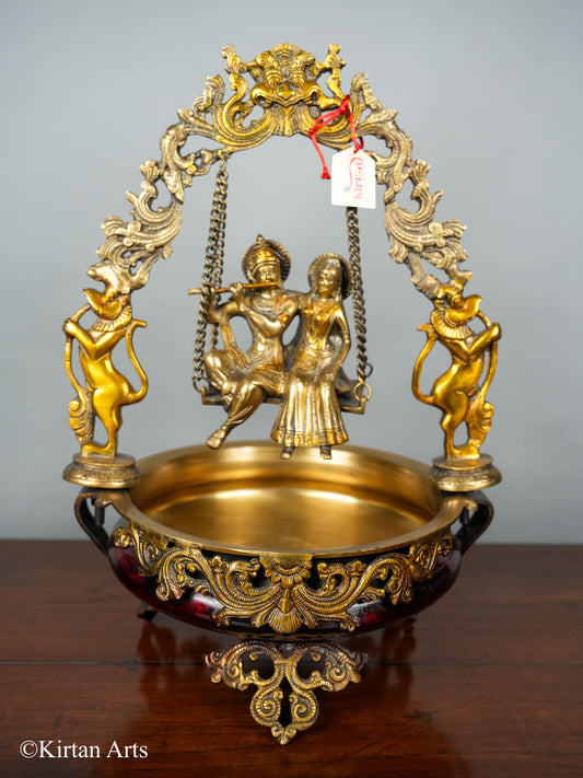 Brass RadhaKrishna Urli Triple Color 21"
