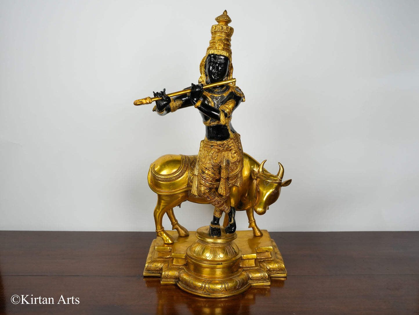 Brass Lord Krishna with Cow Black Gold Finish 25"