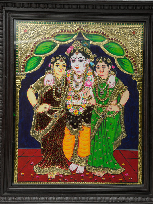 Lord Krishna with Rukmini and Satyabhama Tanjore Painting 23x19