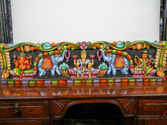 48" Gaja Lakshmi Wooden Panel with Ganesha and Saraswati | Hand Carved