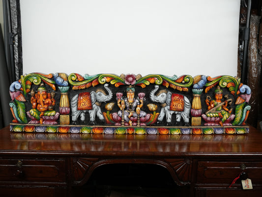 48" Gaja Lakshmi Wooden Panel with Ganesha and Saraswati | Hand Carved