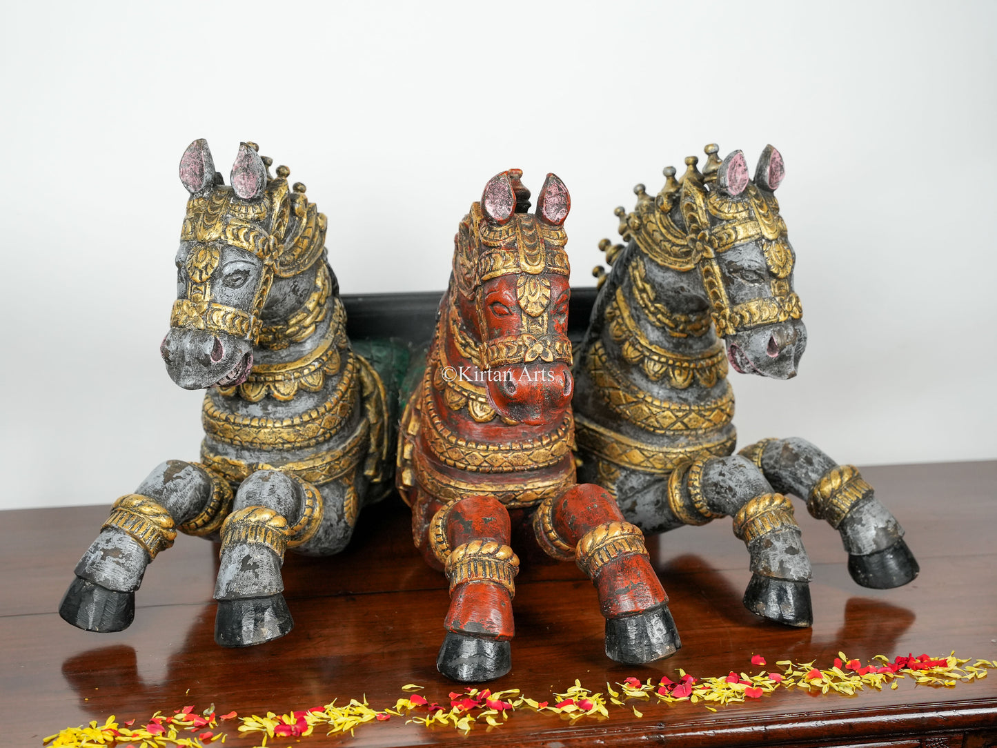 Three Horses Wall Piece | Wood Carved | 30" | Antique Finish