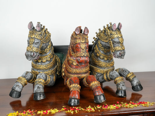 Three Horses Wall Piece | Wood Carved | 30" | Antique Finish