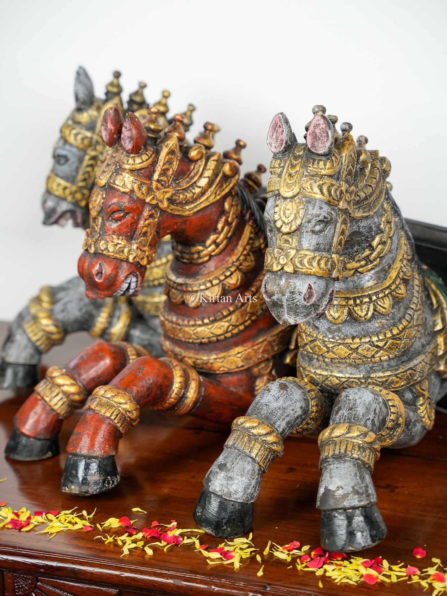 Three Horses Wall Piece | Wood Carved | 30" | Antique Finish