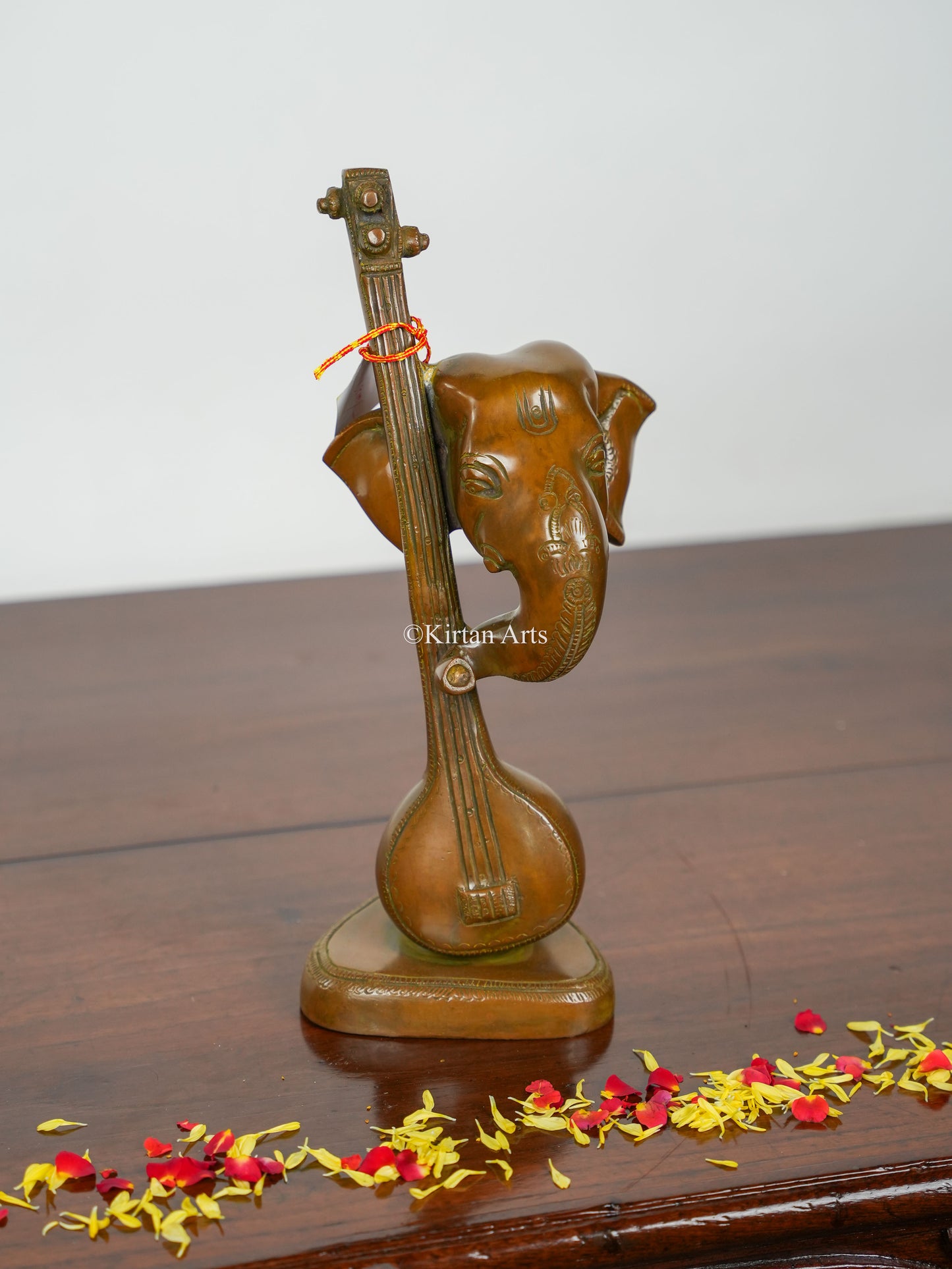 Brass Ganesha with Sitar | 12" | Bronze Finish
