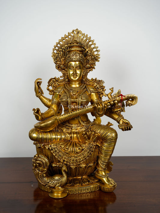 Majestic Goddess Saraswati Brass Statue | Super Fine | 24.5"