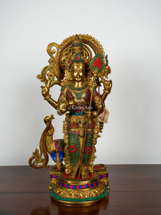 Brass Lord Murugan/Kartikeya | Colorful Stonework | 20"