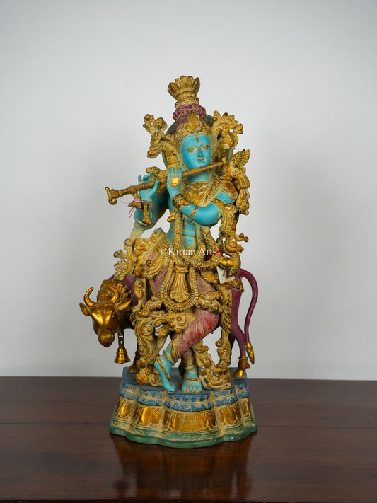 Pure Brass Lord Krishna with Cow | Multi Color Antique Finish | 26.5"
