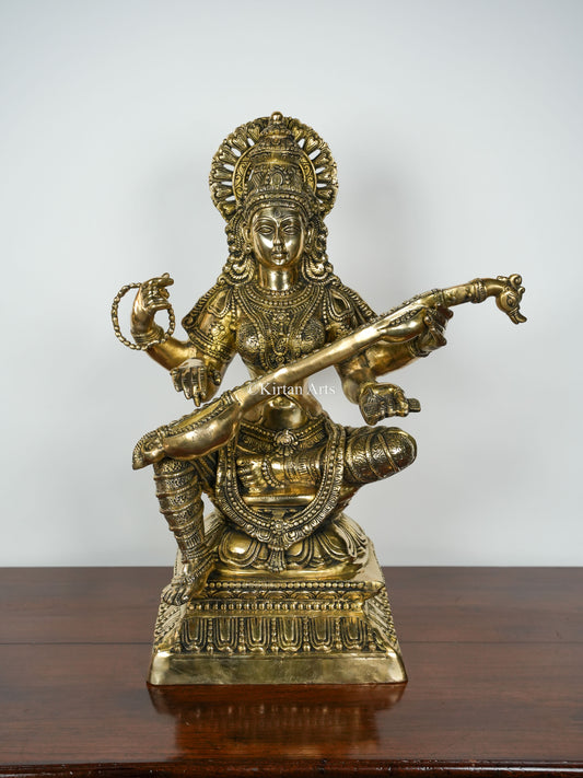 Brass Saraswati Devi | Fine Carved | 30"