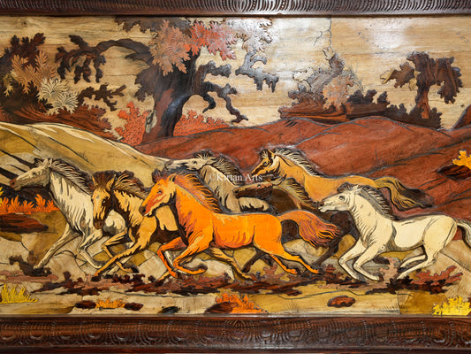 5 Horses Rosewood Panel | 3D Embossed | Good Luck | 5x3 ft