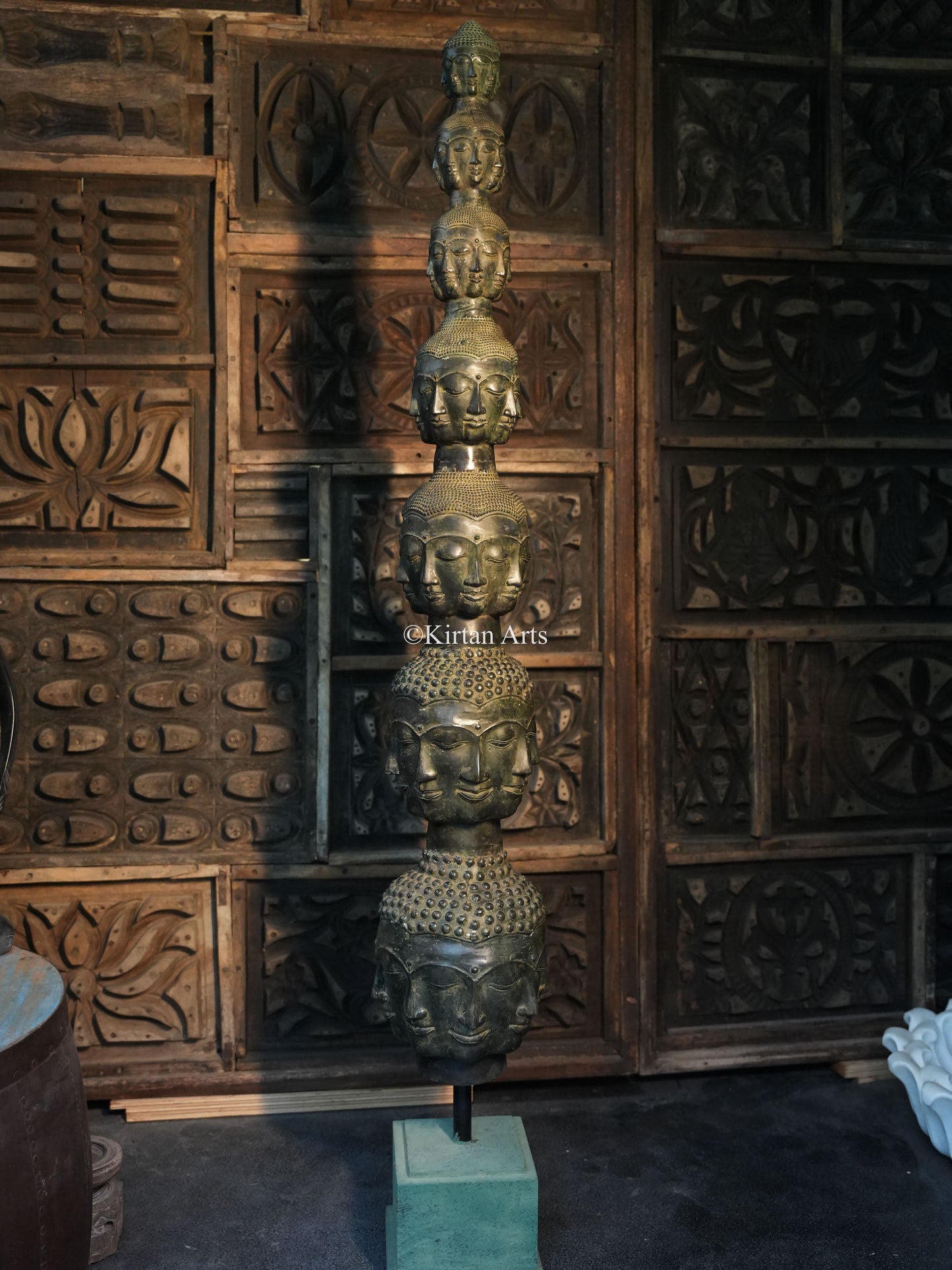 Buddha Head Tower Sculpture | Indonesian Bronze | 62" |