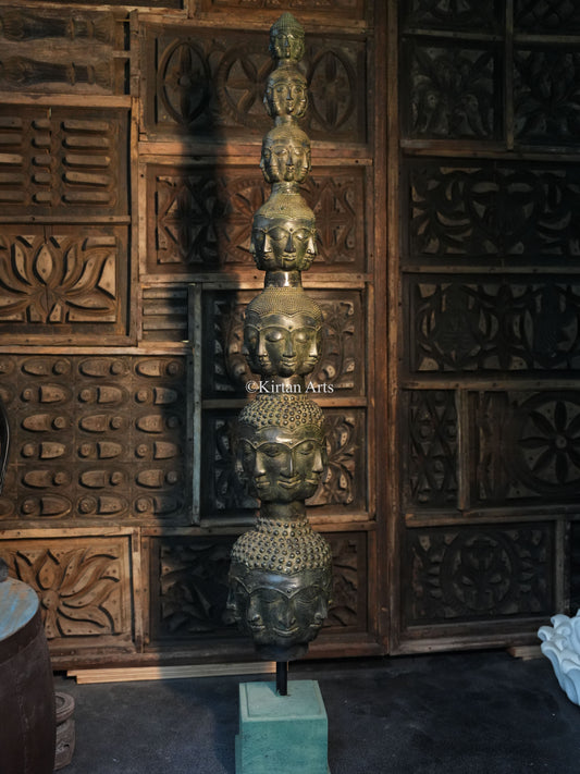 Buddha Head Tower Sculpture | Indonesian Bronze | 62" |