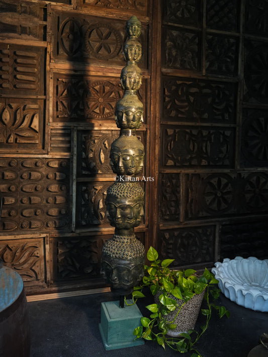Buddha Head Tower Sculpture | Indonesian Bronze | 62" |