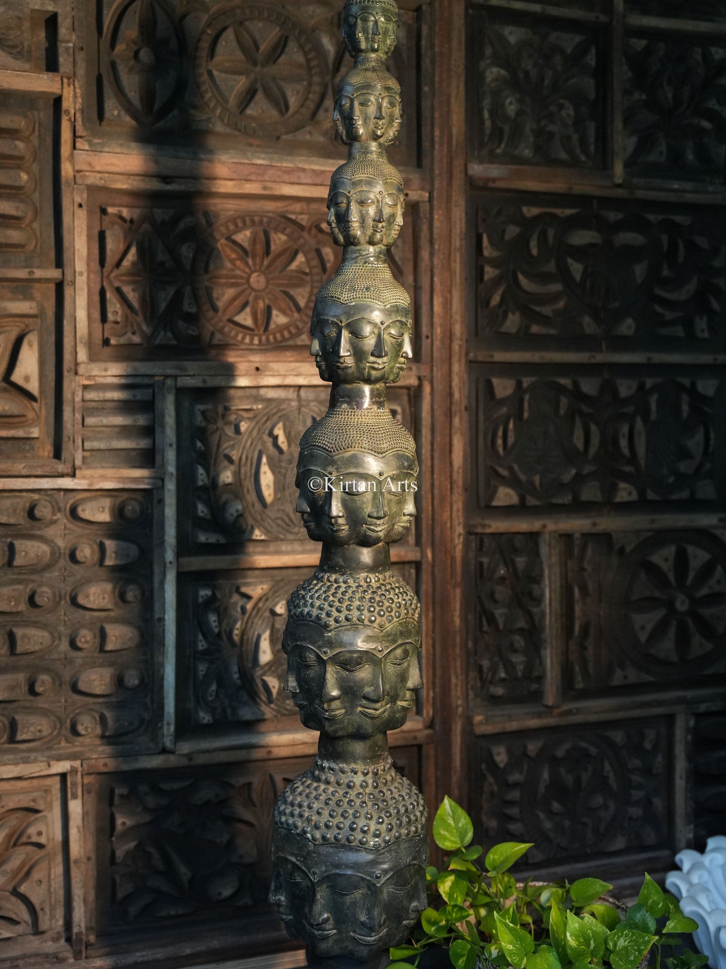 Buddha Head Tower Sculpture | Indonesian Bronze | 62" |