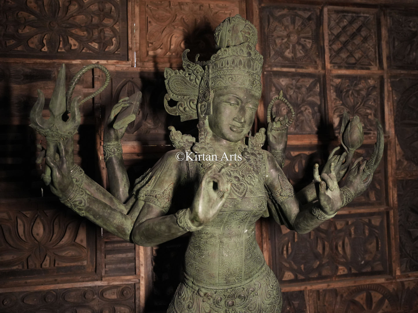 67" Large Goddess Parvati Sculpture | Indonesian Bronze | Wooden Base | 8 Hands