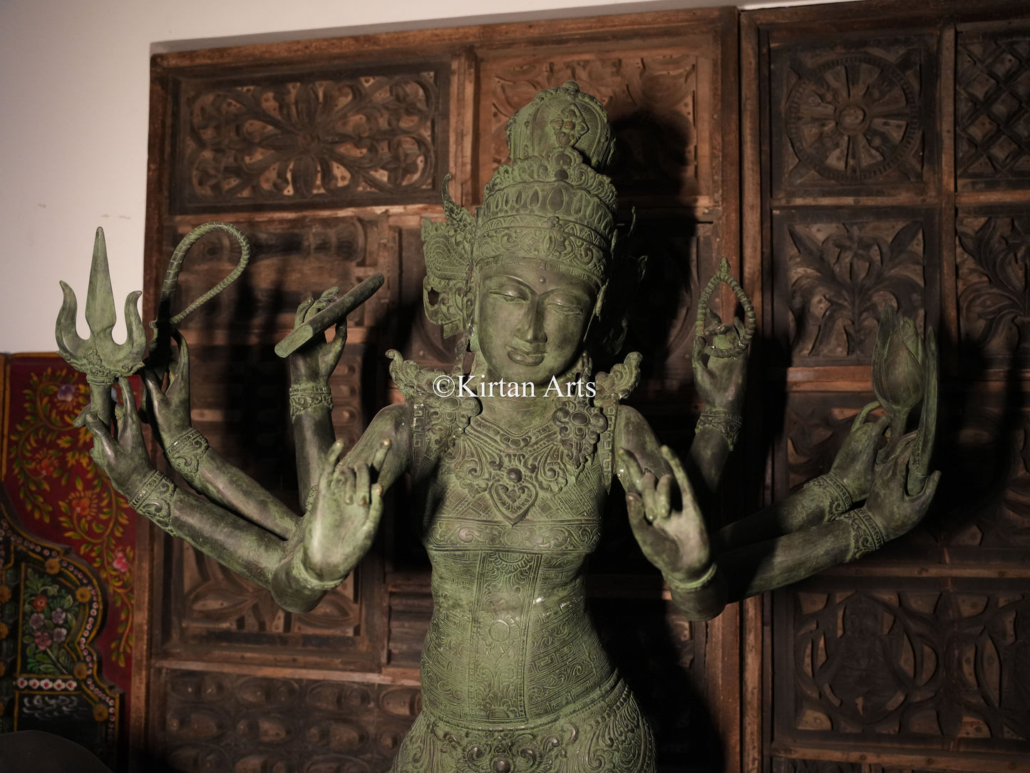67" Large Goddess Parvati Sculpture | Indonesian Bronze | Wooden Base | 8 Hands