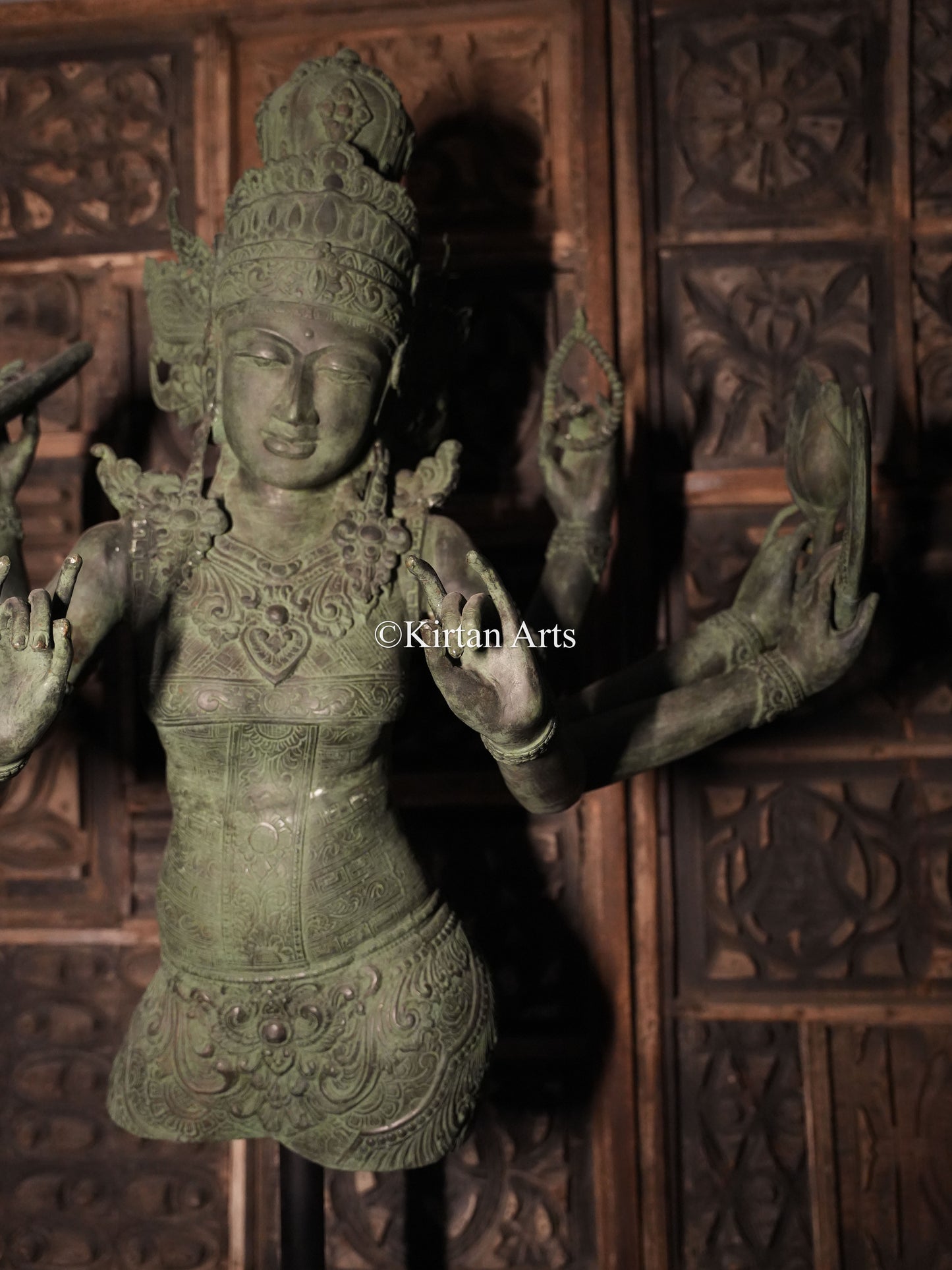 67" Large Goddess Parvati Sculpture | Indonesian Bronze | Wooden Base | 8 Hands