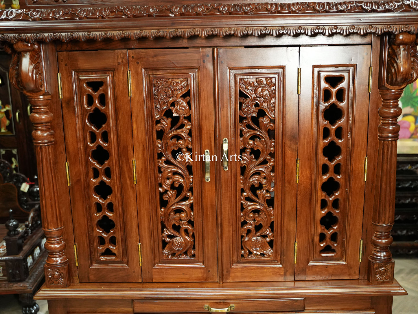 Teakwood Carved Puja Mandir | Doors and Storage | 7x4x2 ft