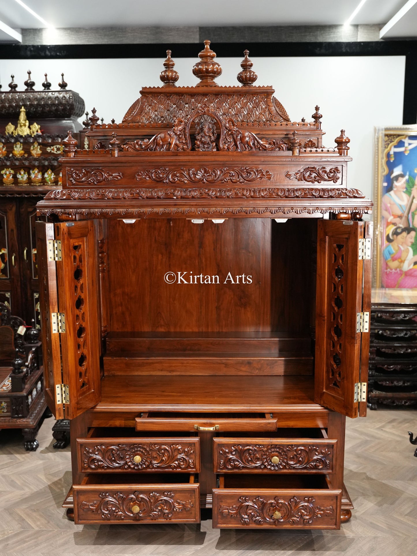 Teakwood Carved Puja Mandir | Doors and Storage | 7x4x2 ft