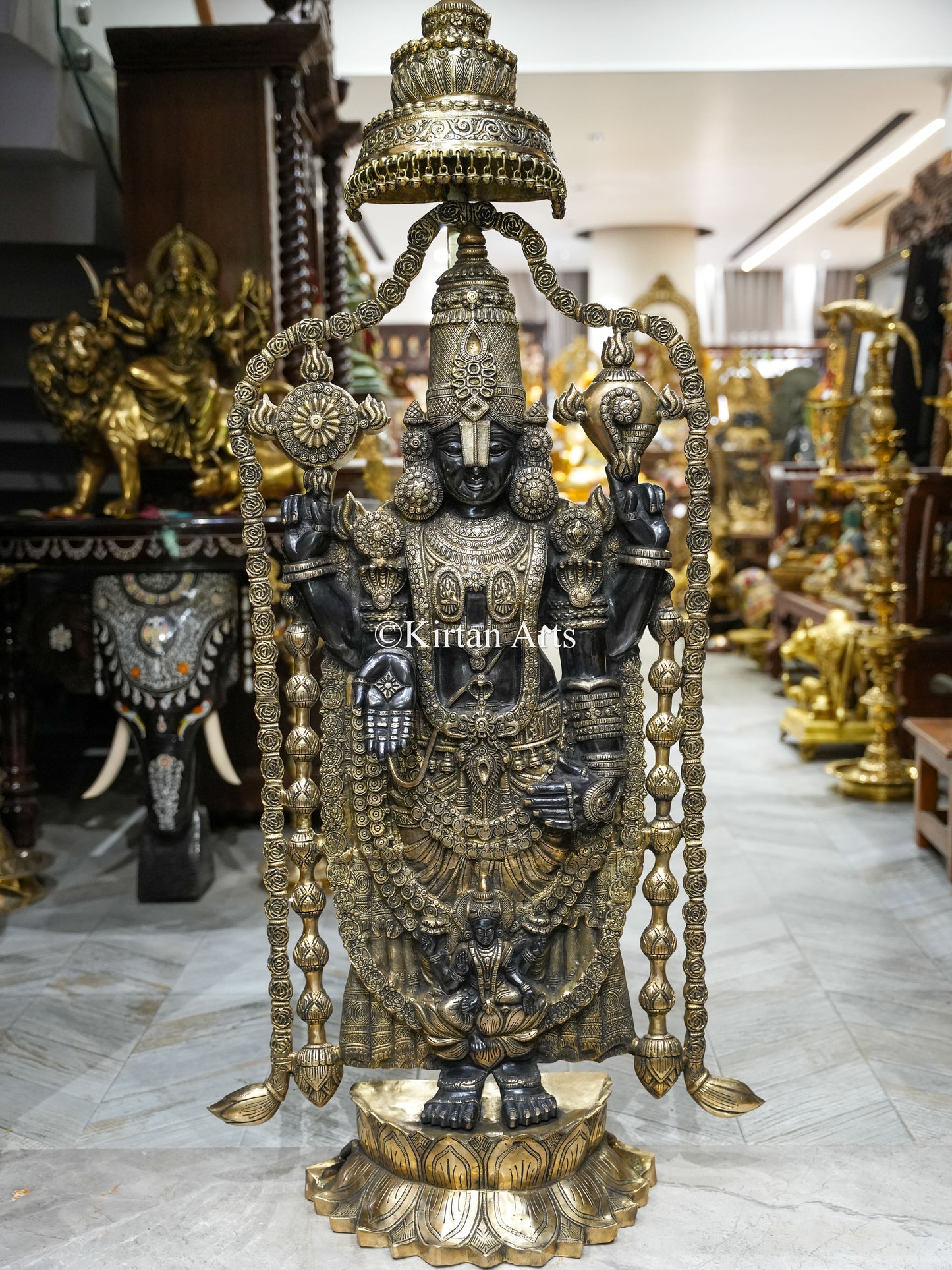 57" Large Brass Lord Tirupati Balaji Idol with Chatra | Black Gold Finish | 56 kg | Venkateswara Swamy (Copy)