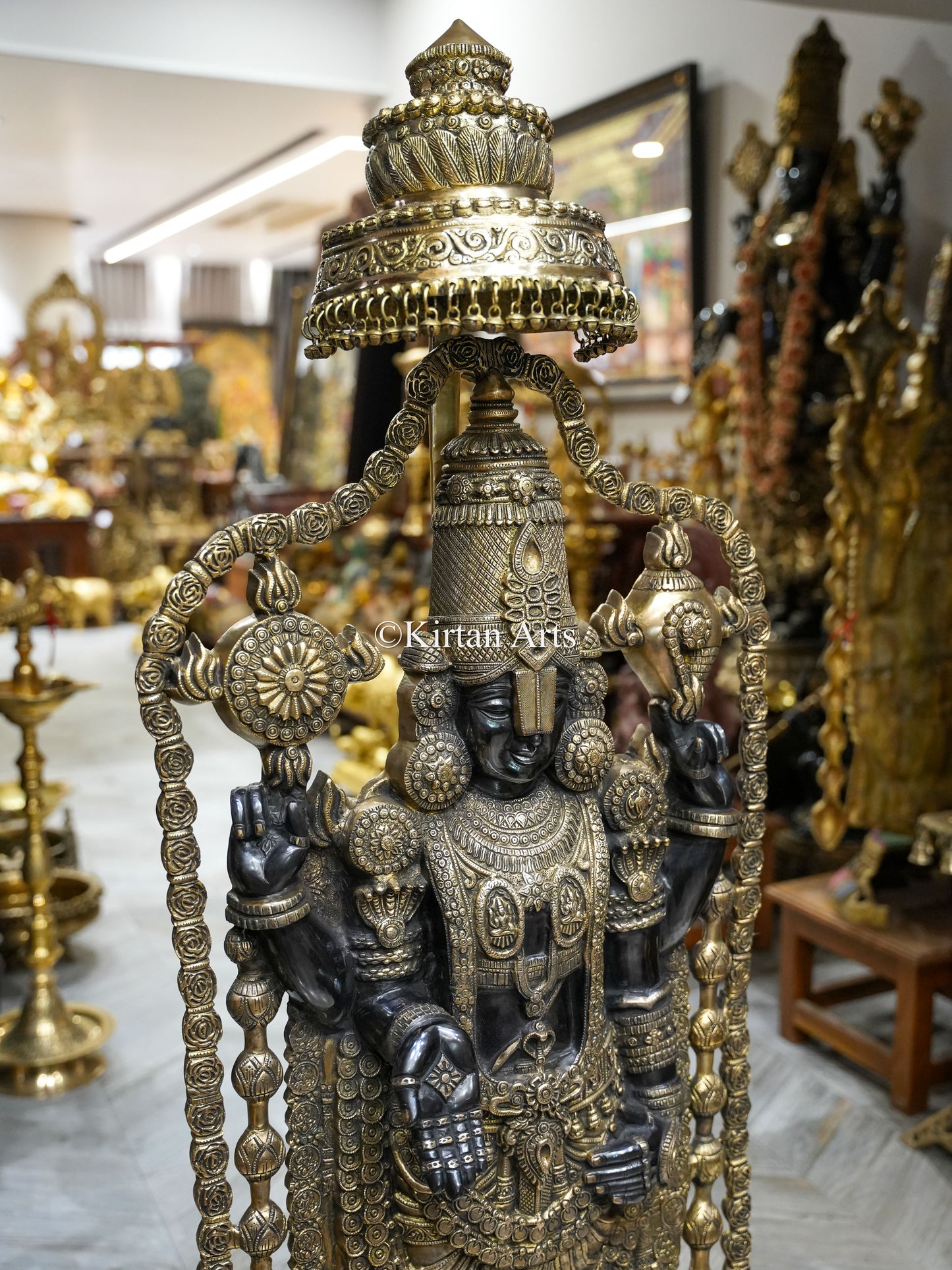 57" Large Brass Lord Tirupati Balaji Idol with Chatra | Black Gold Finish | 56 kg | Venkateswara Swamy (Copy)