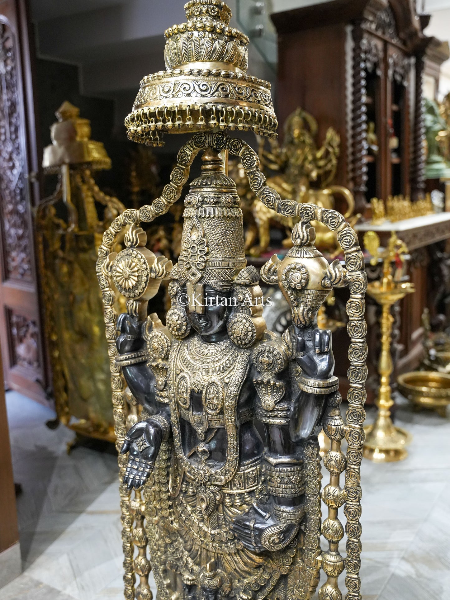 57" Large Brass Lord Tirupati Balaji Idol with Chatra | Black Gold Finish | 56 kg | Venkateswara Swamy (Copy)