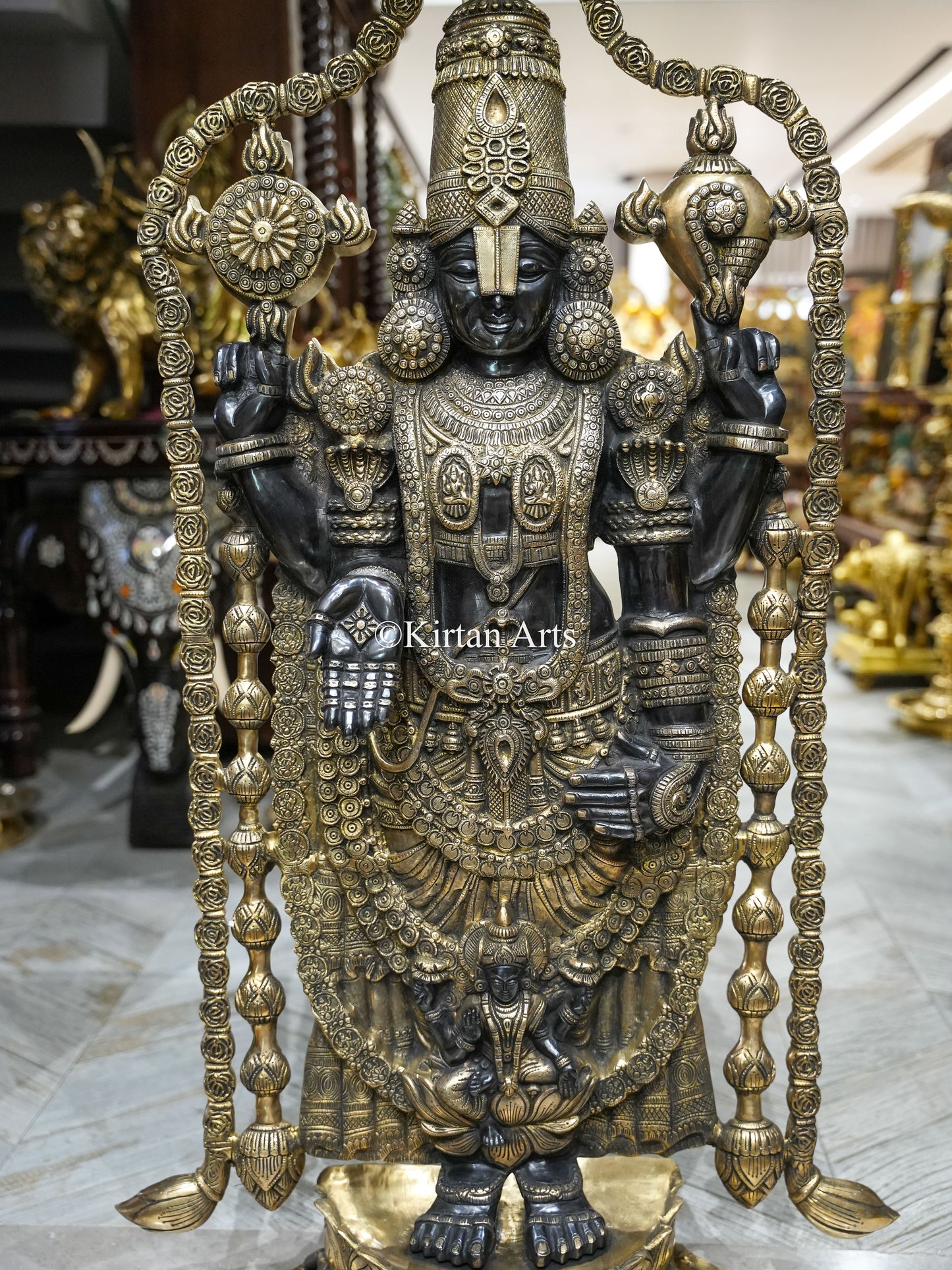 57" Large Brass Lord Tirupati Balaji Idol with Chatra | Black Gold Finish | 56 kg | Venkateswara Swamy (Copy)