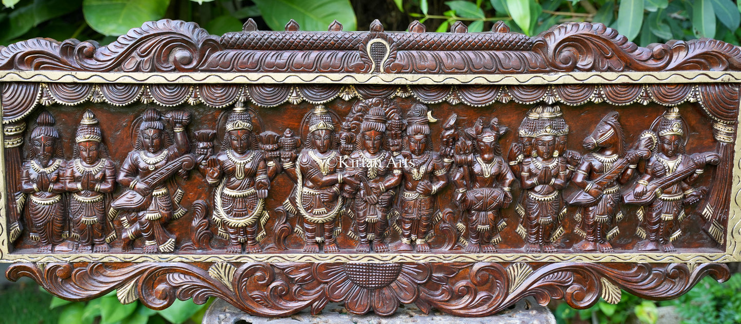 48" Hand-Carved Wooden Meenakshi Kalyanam Wall Panel