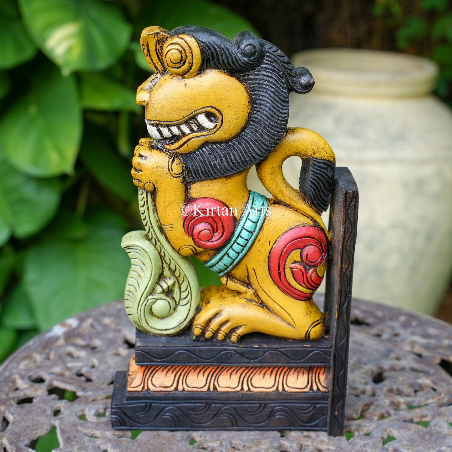 15" Hand-Carved Wooden Yali (Guardian Lion) Wall Bracket | Yellow | Watercolors