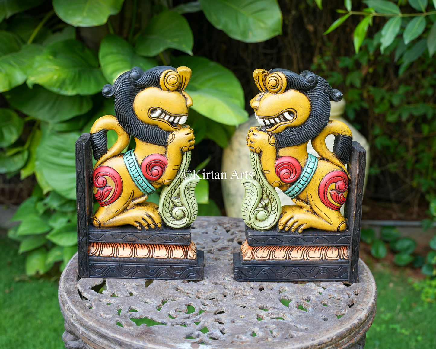 15" Hand-Carved Wooden Yali (Guardian Lion) Wall Bracket | Yellow | Watercolors