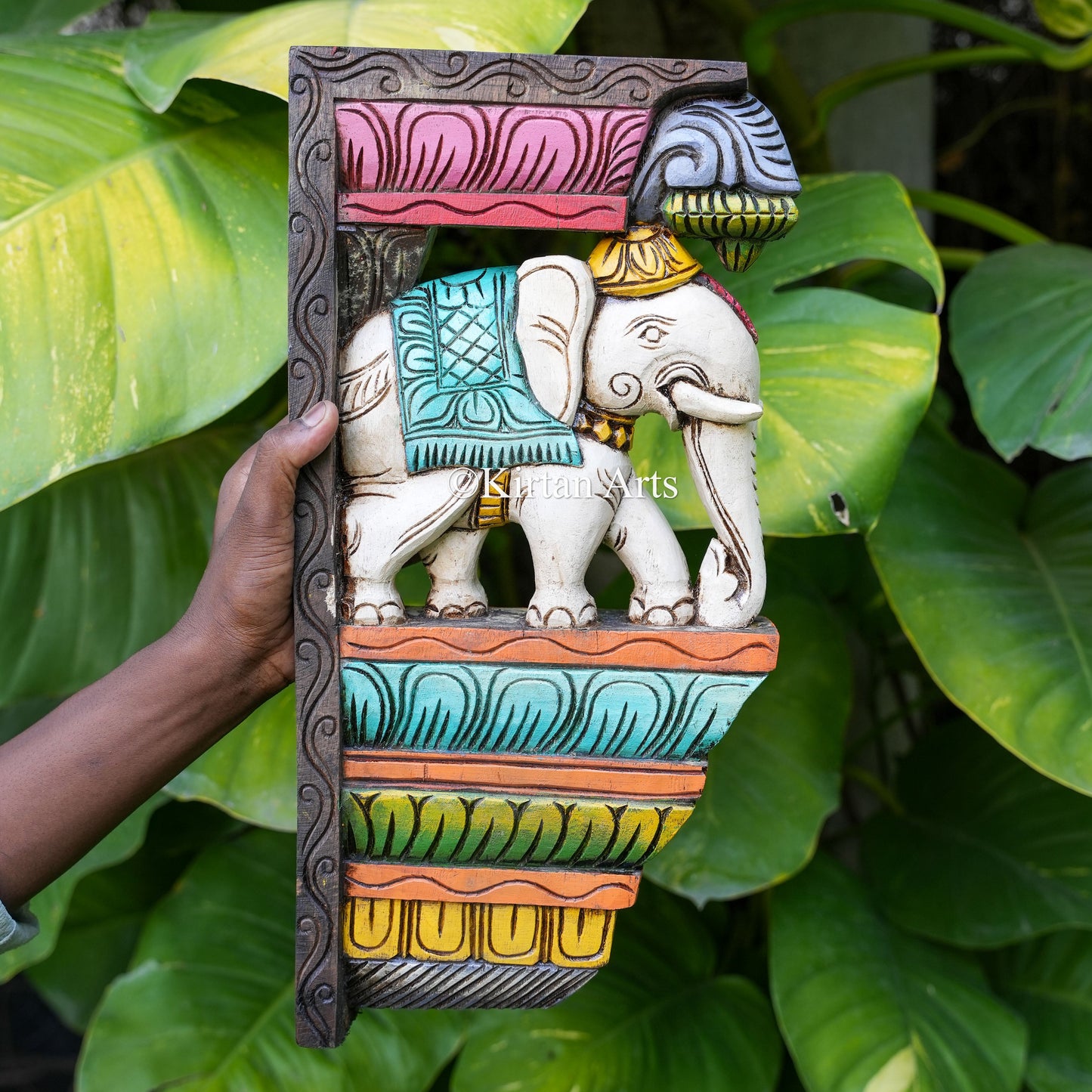 18" Hand-Carved Wooden Elephant Wall Bracket | Watercolors