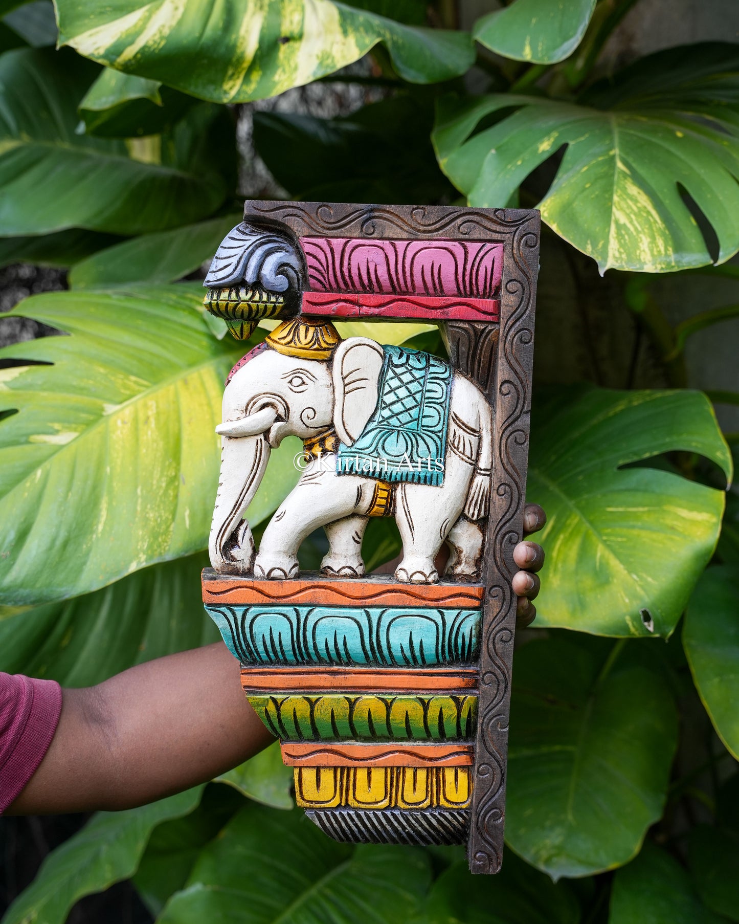 18" Hand-Carved Wooden Elephant Wall Bracket | Watercolors