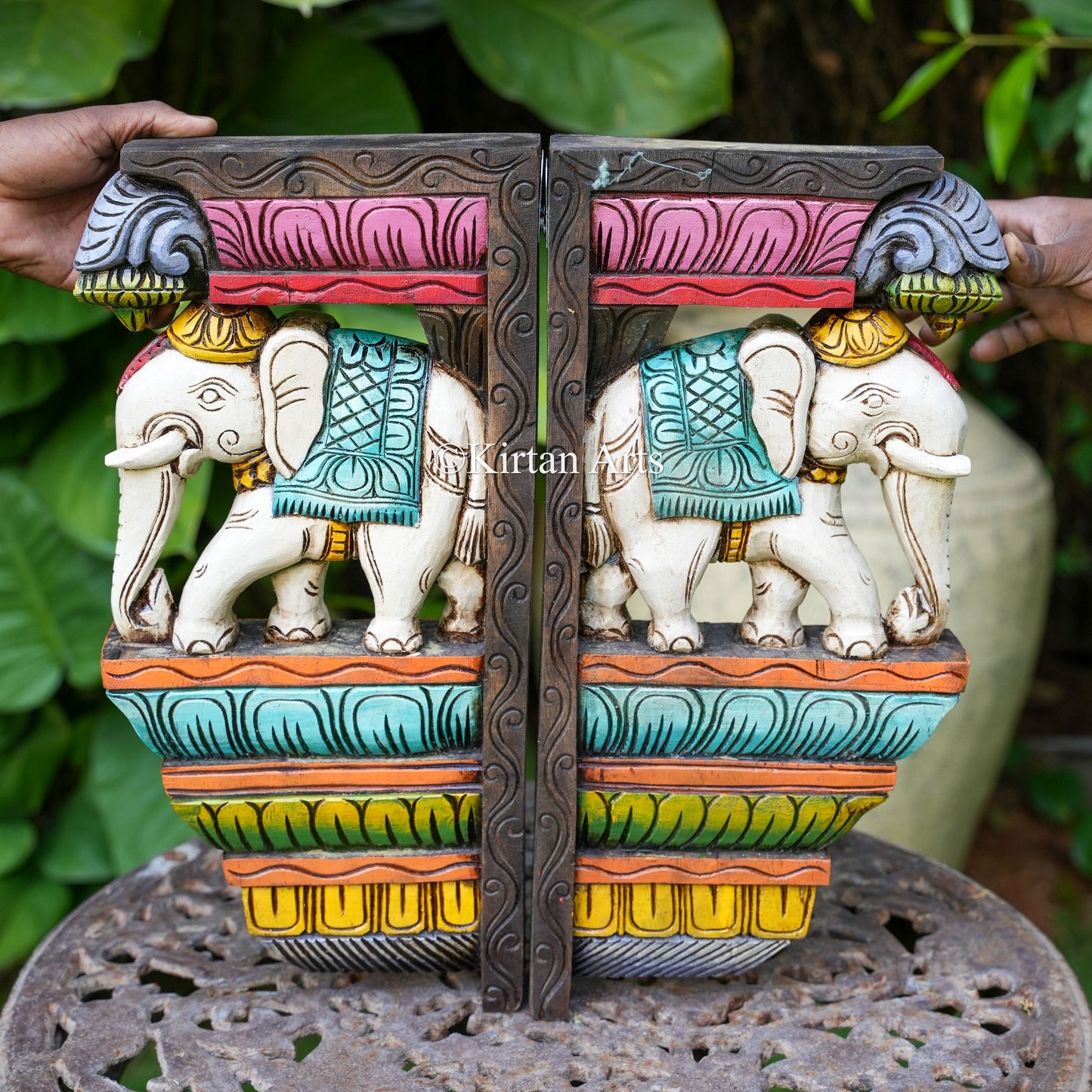 18" Hand-Carved Wooden Elephant Wall Bracket | Watercolors