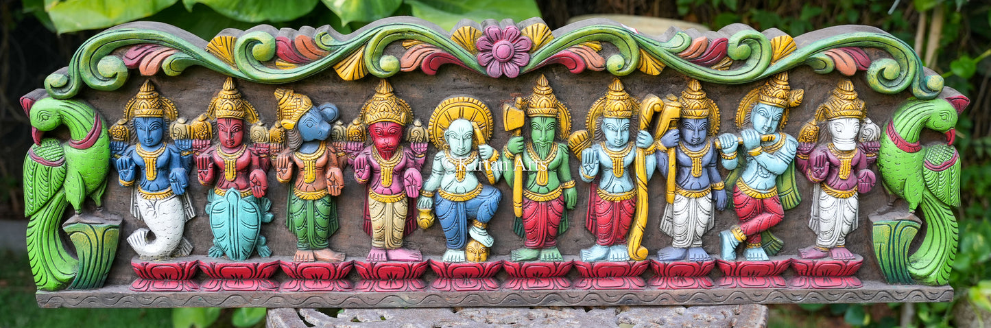 42" Hand-Carved Dasavataram Wooden Wall Panel | Watercolours