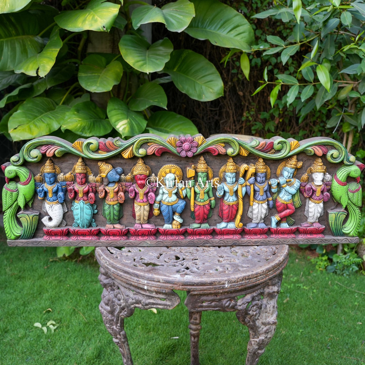 42" Hand-Carved Dasavataram Wooden Wall Panel | Watercolours